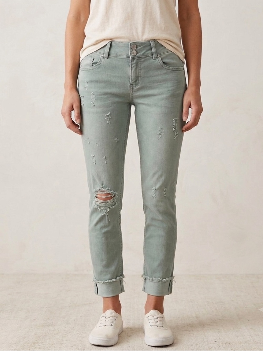 refuge Cropped Distressed Sage Green Cuffed Jeans, women’s size 6, ankle